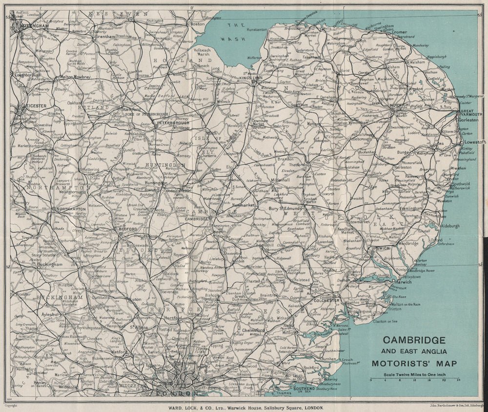 CAMBRIDGE AND EAST ANGLIA MOTORISTS' MAP. Cambridgeshire. WARD LOCK 1928