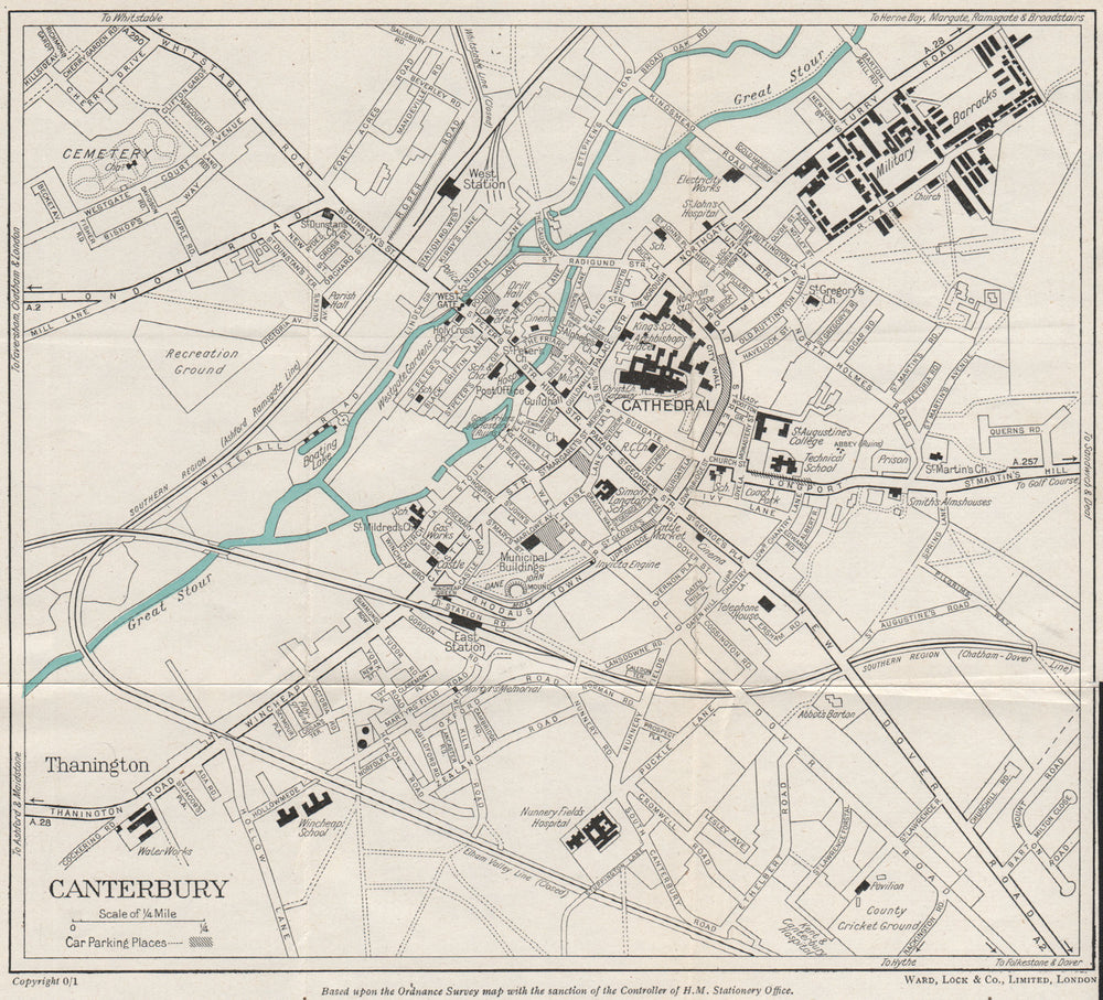 CANTERBURY vintage town/city plan. Kent. WARD LOCK 1954 old vintage map chart