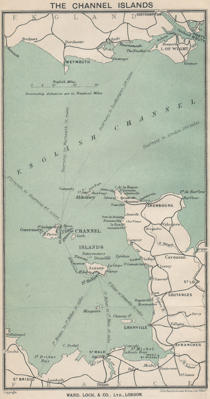 Ferry routes to the CHANNEL ISLANDS. Jersey Guernsey. WARD LOCK 1921 old map