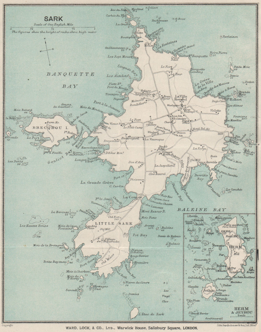 SARK. Inset Herm & Jethou. Channel Islands. WARD LOCK 1921 old antique map