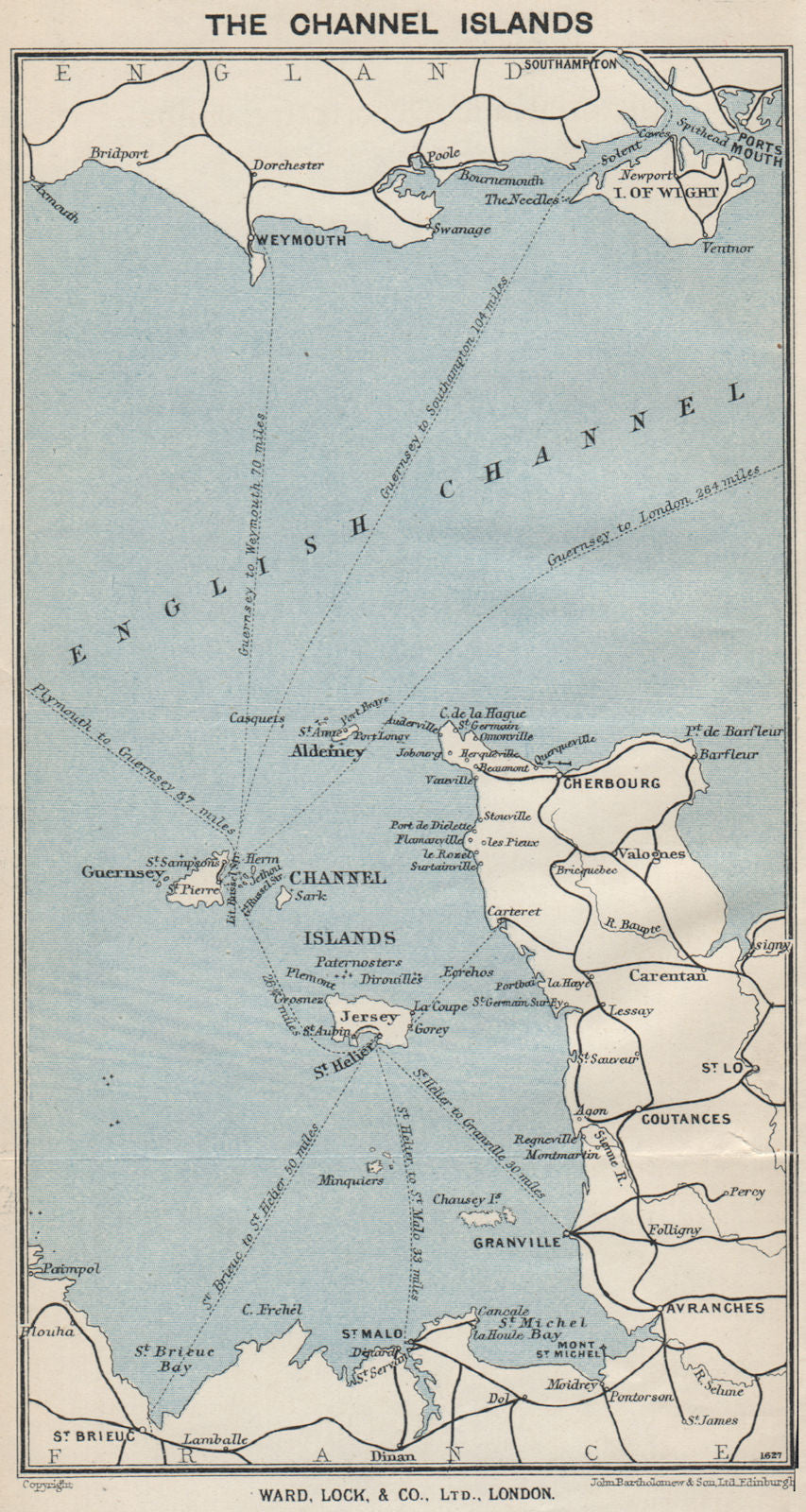 Ferry routes to the CHANNEL ISLANDS. Jersey Guernsey. WARD LOCK 1930 old map