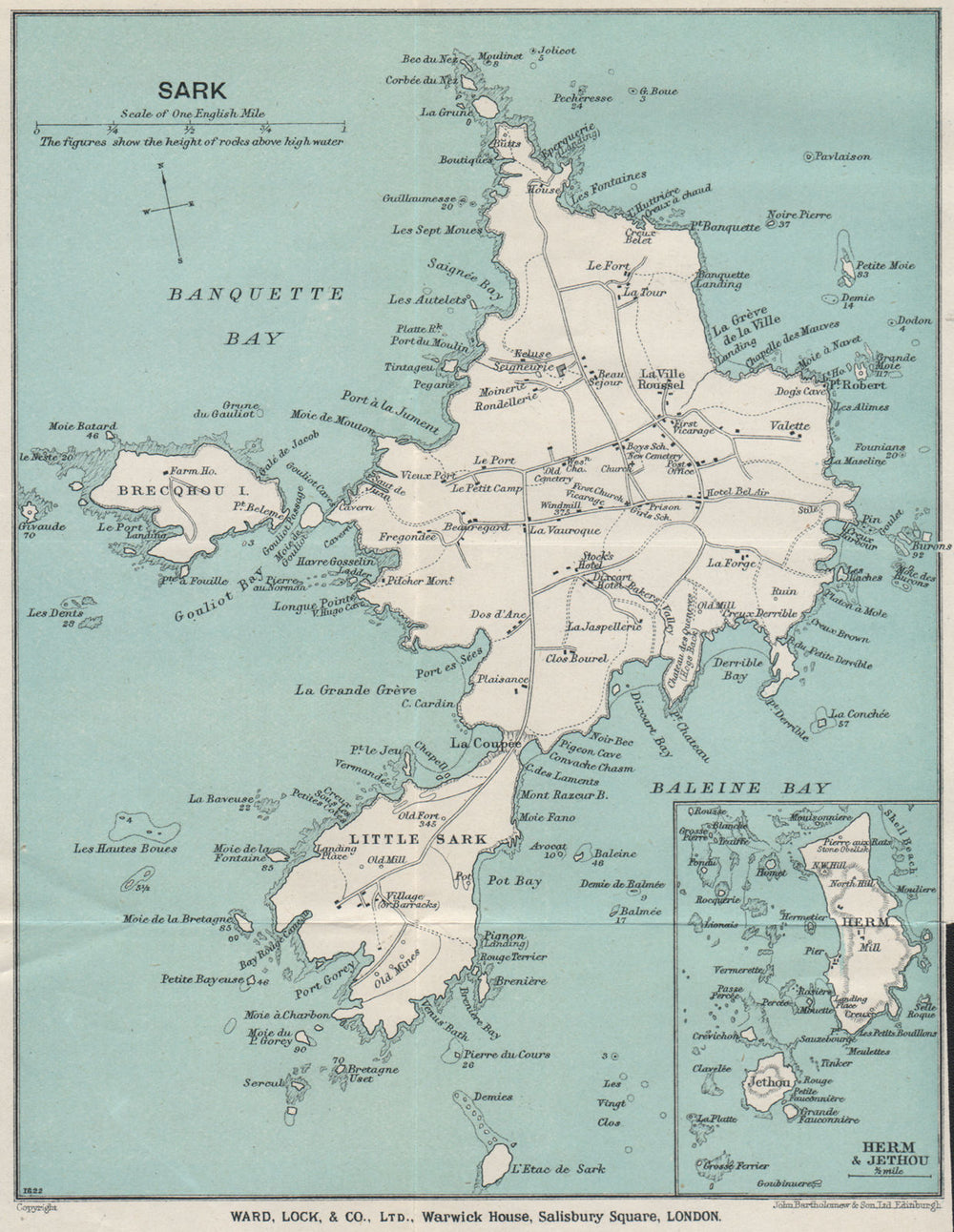 SARK. Inset Herm & Jethou. Channel Islands. WARD LOCK 1930 old vintage map