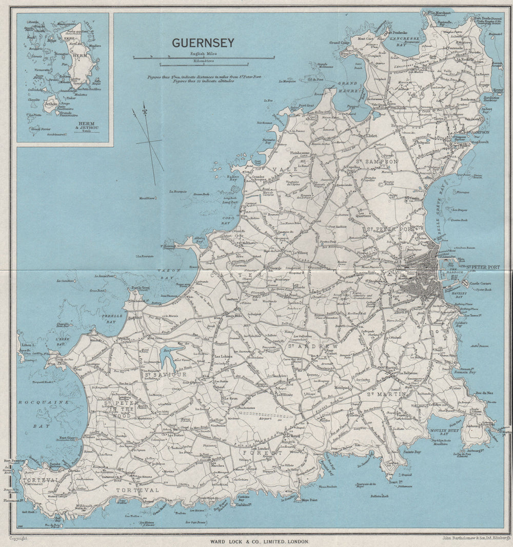 GUERNSEY inset Herm & Jethou. St Peter Port. Channel Islands. WARD LOCK 1954 map