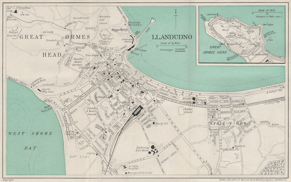 LLANDUDNO vintage town/city plan. Great Orme's Head. Wales. WARD LOCK 1937 map