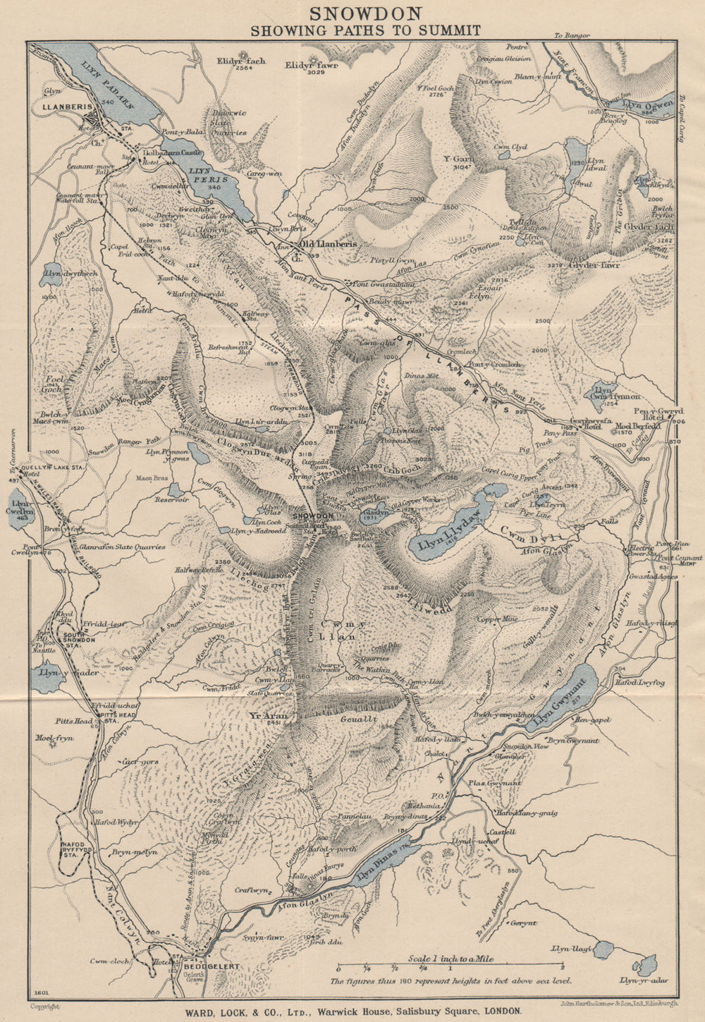 SNOWDON SHOWING PATHS TO SUMMIT. Llanberis. WARD LOCK 1937 old vintage map