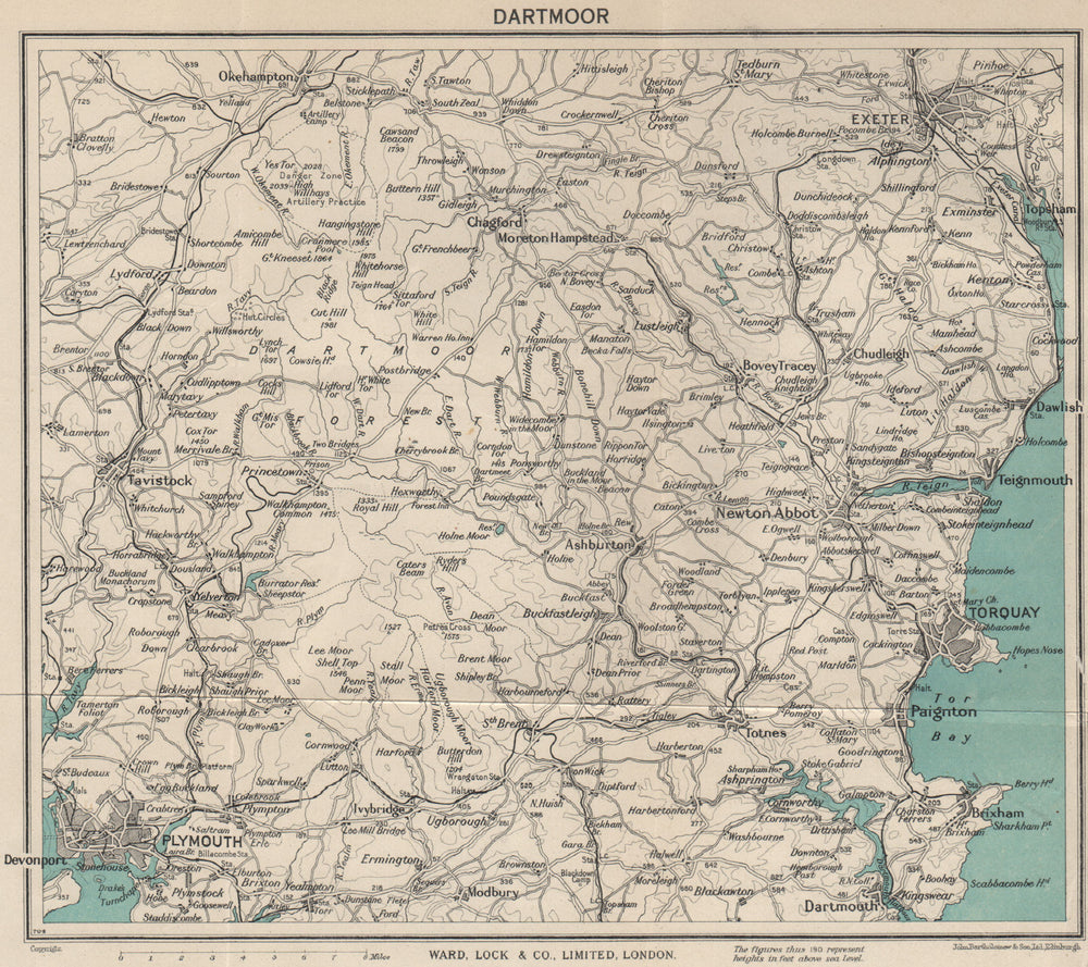 DARTMOOR. Chagford Moretonhampstead Exeter Plymouth Torquay Dartmouth 1952 map