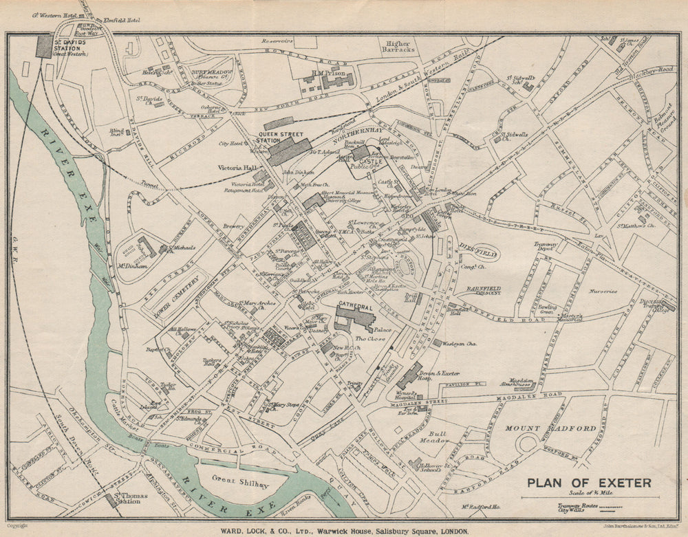 EXETER vintage town/city plan. Devon. WARD LOCK 1924 old antique map chart