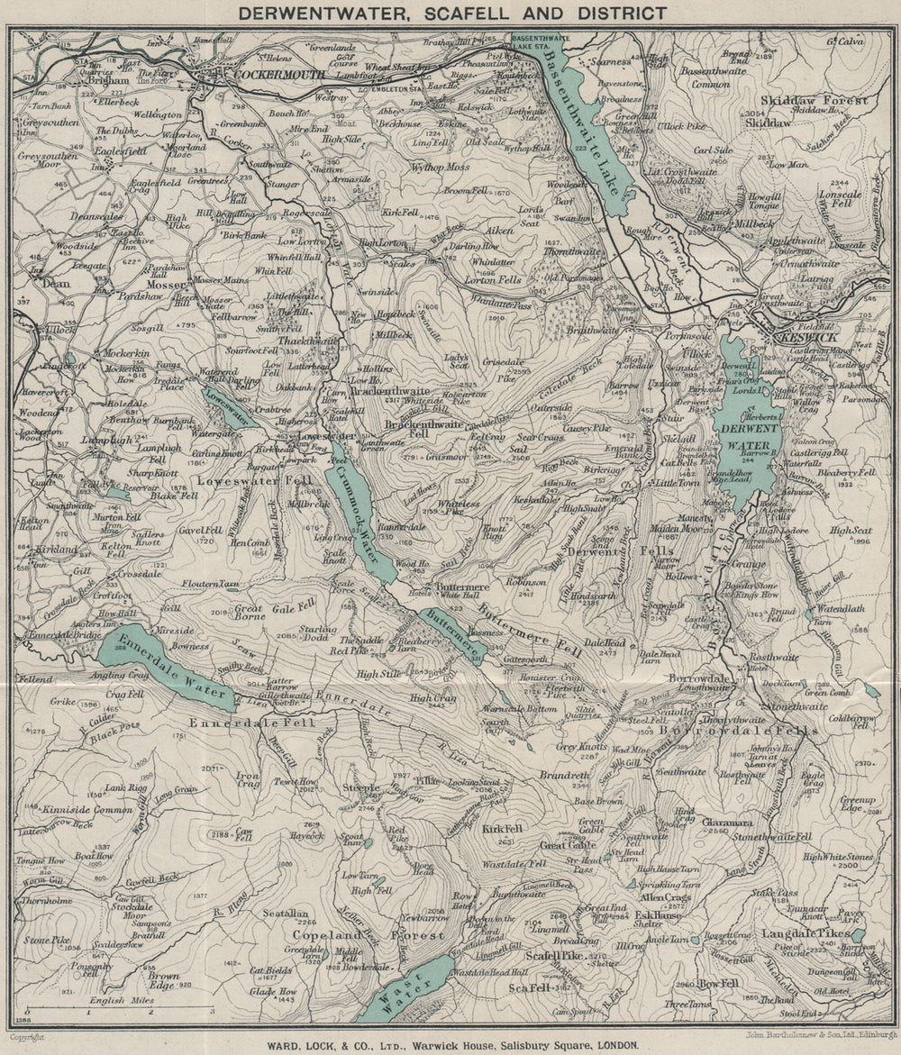 DERWENTWATER, SCAFELL AND DISTRICT. Cockermouth Keswick. Lake District 1928 map