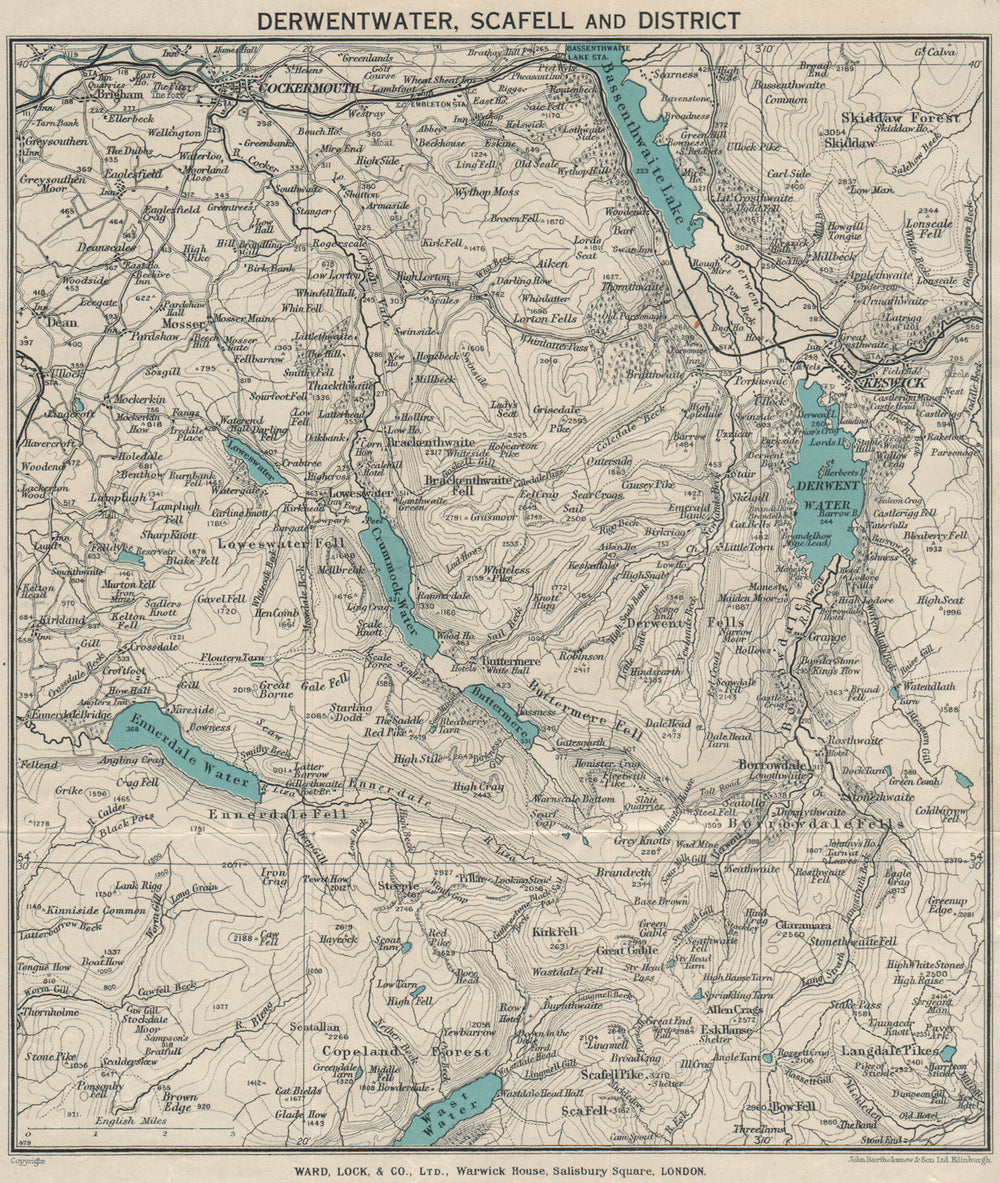 DERWENTWATER, SCAFELL AND DISTRICT. Cockermouth Keswick. Lake District 1934 map