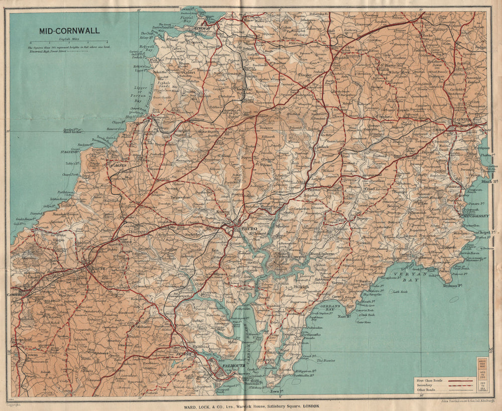 MID-CORNWALL. Carrick Roads Truro Newquay Redruth Falmouth St Austell 1935 map