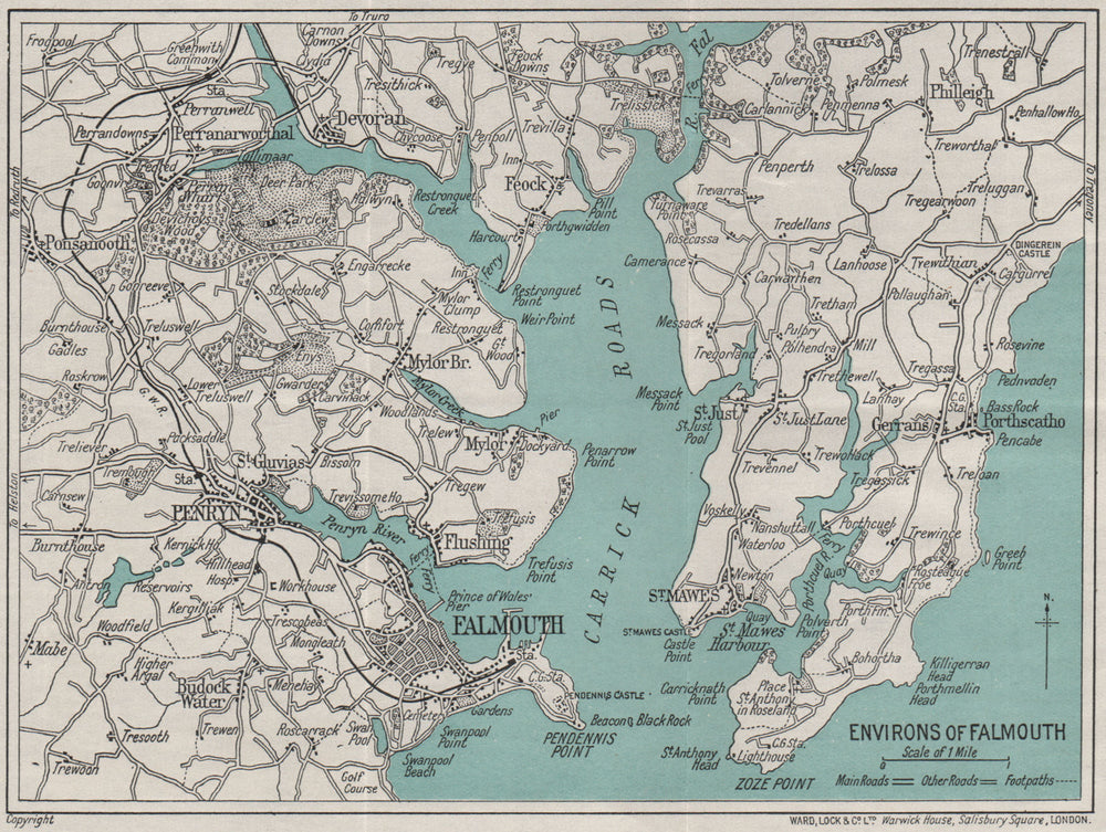 FALMOUTH environs. Carrick Roads Penryn St Mawes. Cornwall. WARD LOCK 1935 map