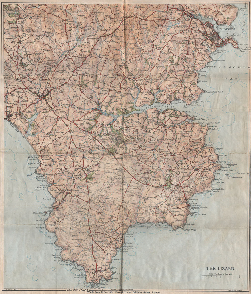 THE LIZARD topo map. Helston Falmouth Helford River Cornwall. WARD LOCK 1935