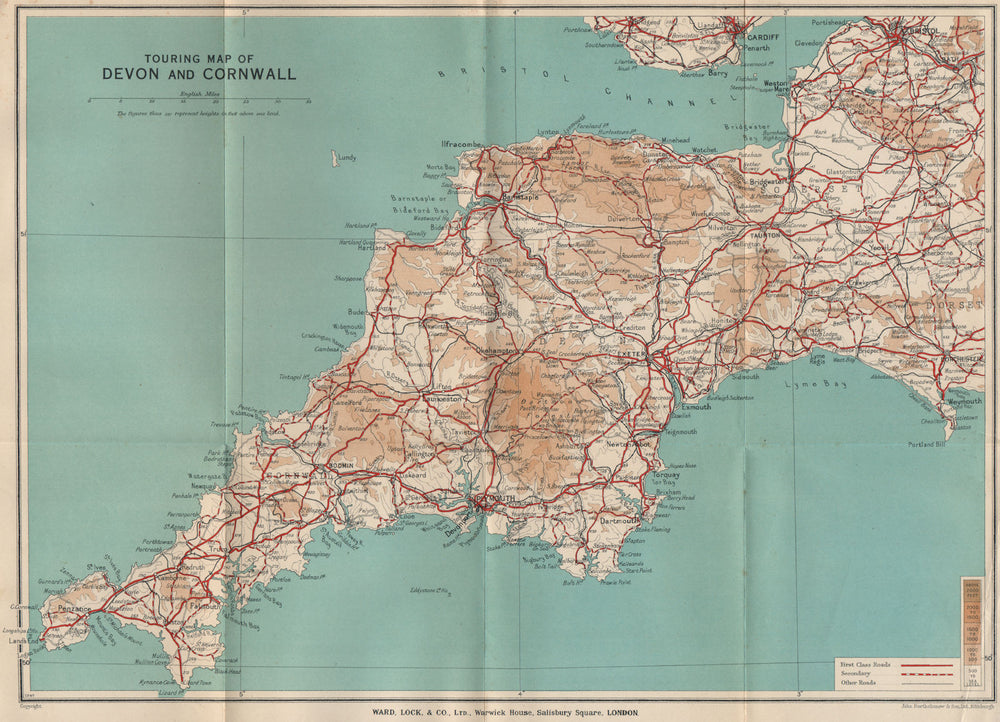 TOURING MAP OF DEVON AND CORNWALL. South West England. WARD LOCK 1937 old
