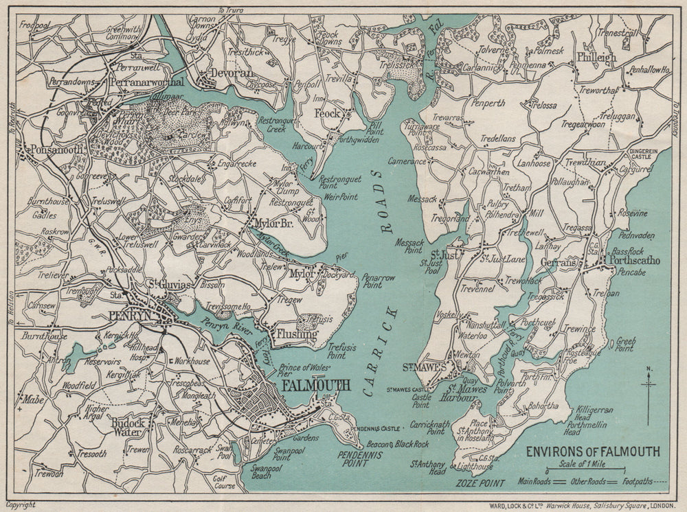 FALMOUTH environs. Carrick Roads Penryn St Mawes. Cornwall. WARD LOCK 1937 map