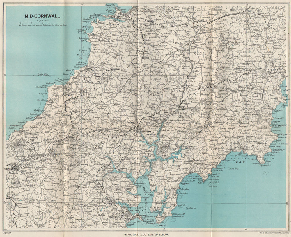 MID-CORNWALL. Carrick Roads Truro Newquay Redruth Falmouth St Austell 1948 map