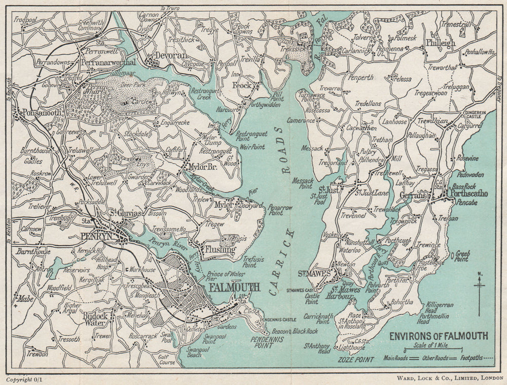 FALMOUTH environs. Carrick Roads Penryn St Mawes. Cornwall. WARD LOCK 1948 map