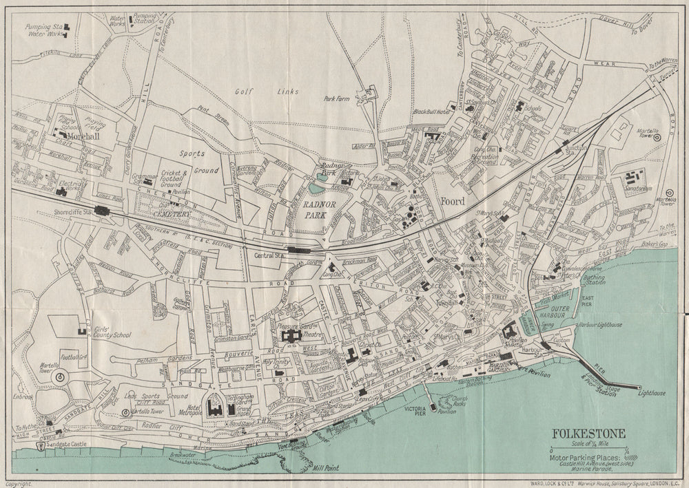 FOLKESTONE vintage town/city plan. Kent. WARD LOCK 1938 old vintage map chart