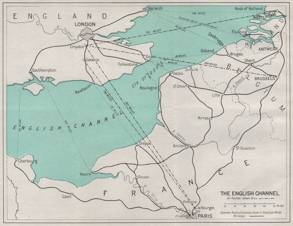 THE ENGLISH CHANNEL. Ferry routes. Ports. WARD LOCK 1938 old vintage map chart