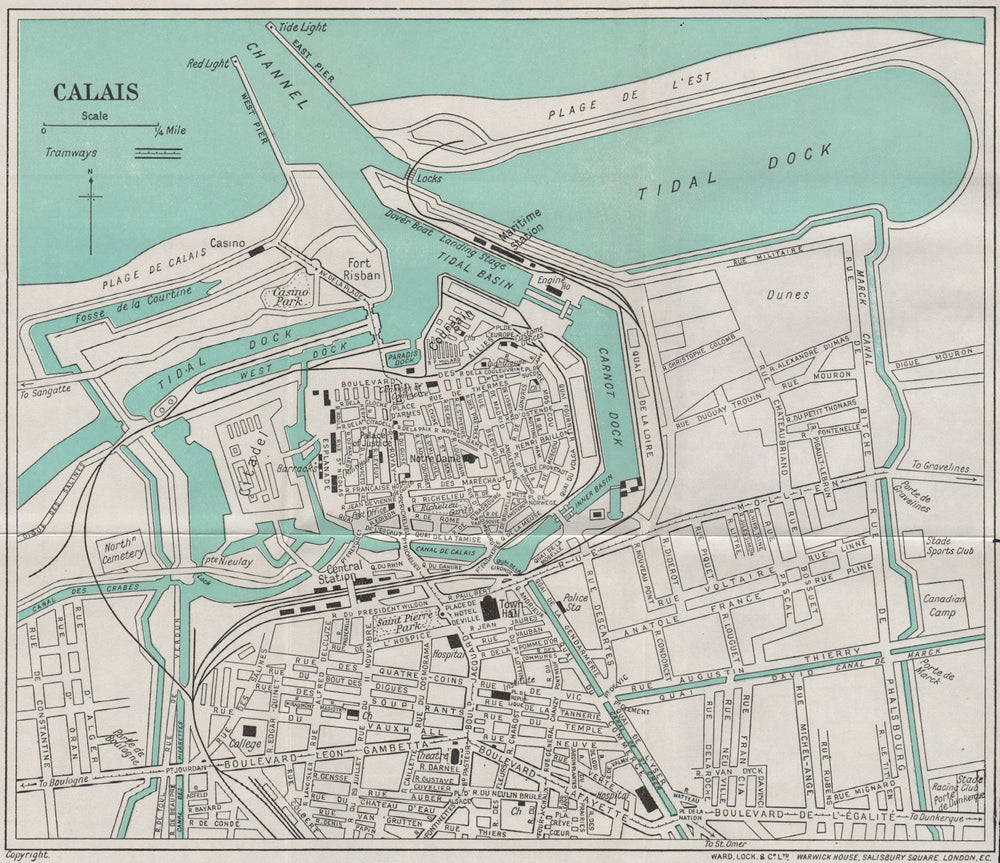 CALAIS vintage town/city plan. Pas-de-Calais. WARD LOCK 1938 old vintage map