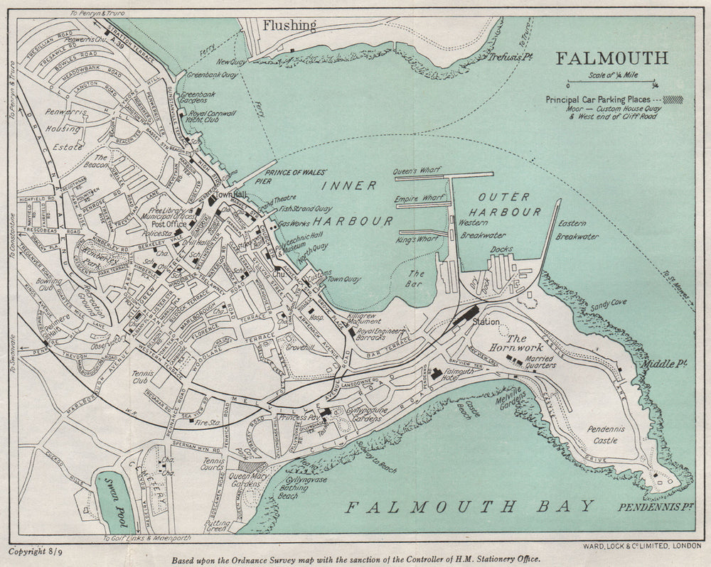 FALMOUTH vintage city/town plan. Cornwall. WARD LOCK 1948 old vintage map