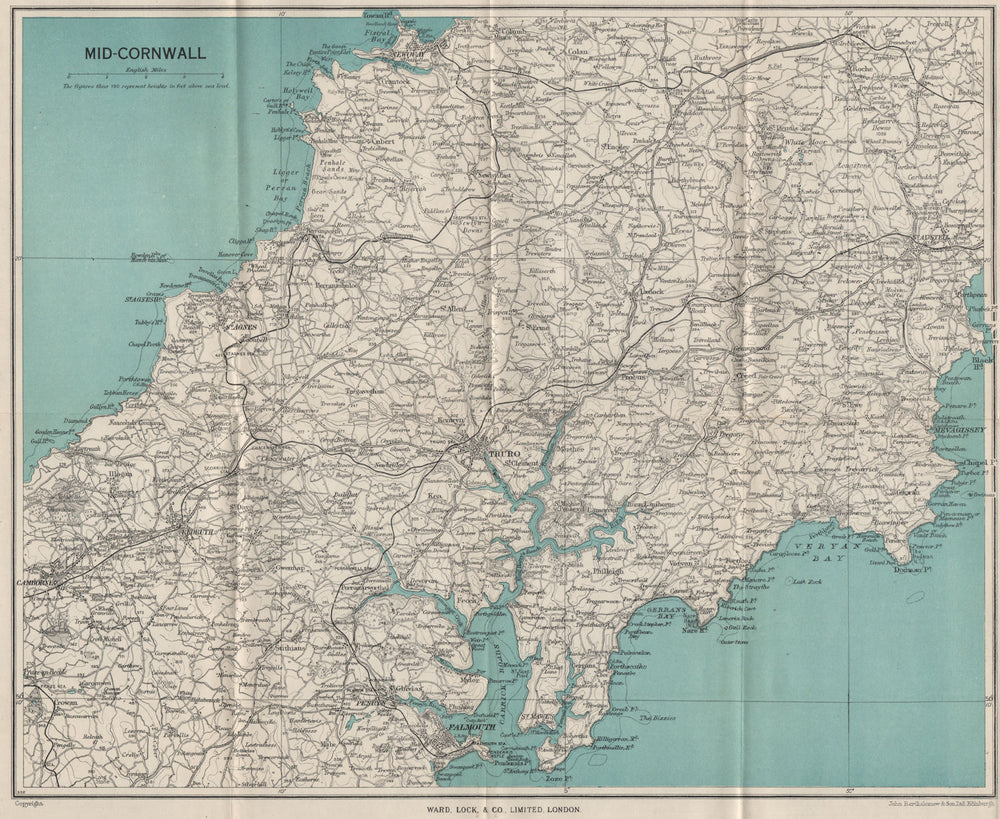MID CORNWALL. Carrick Roads Truro Newquay Redruth Falmouth St Austell 1948 map