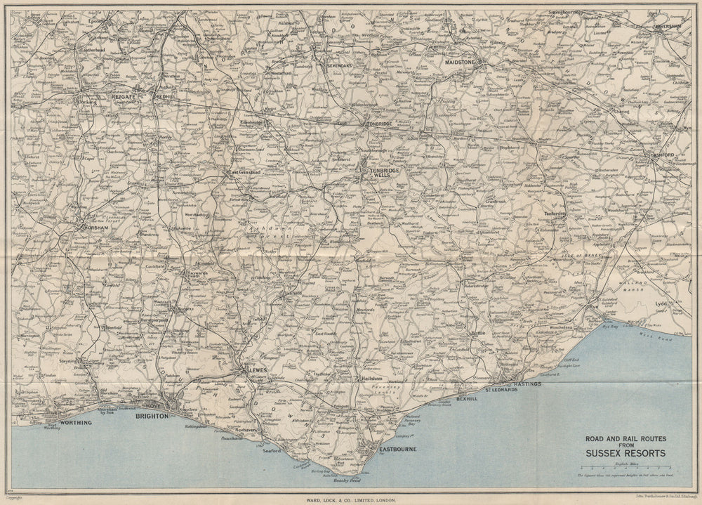 E. SUSSEX/SOUTH DOWNS. Tunbridge Wells Eastbourne Brighton Hastings Rye 1950 map