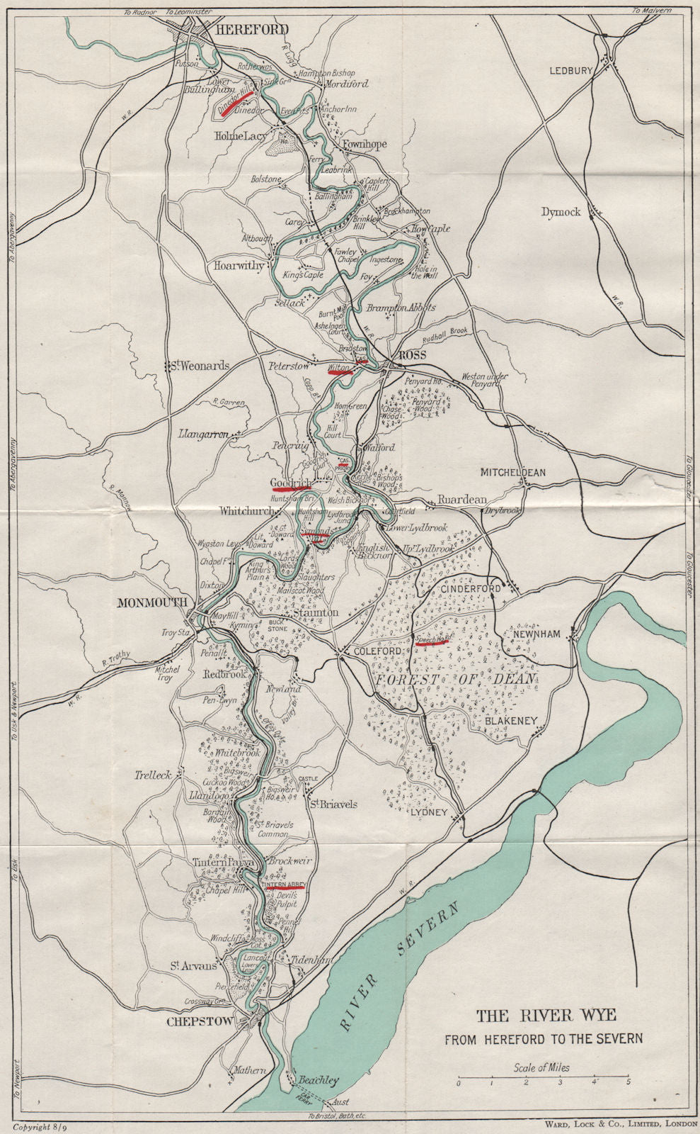 RIVER WYE VALLEY. Hereford-Ross-Monmouth-Chepstow-Severn. WARD LOCK 1948 map