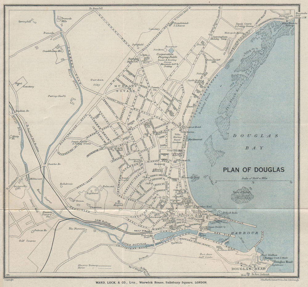 DOUGLAS vintage town/city plan. Isle of Man. WARD LOCK 1936 old vintage map