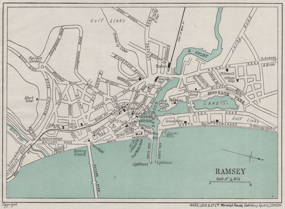 RAMSEY vintage town/city plan. Isle of Man. WARD LOCK 1936 old vintage map
