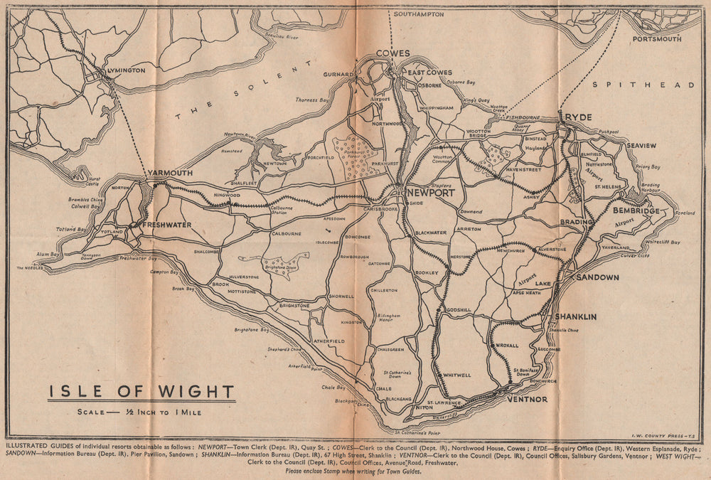 ISLE OF WIGHT showing complete railway network. Cowes Ryde. WARD LOCK 1932 map