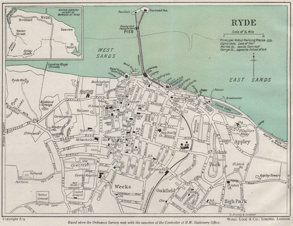 RYDE vintage town/city plan. Isle of Wight. WARD LOCK 1948 old vintage map