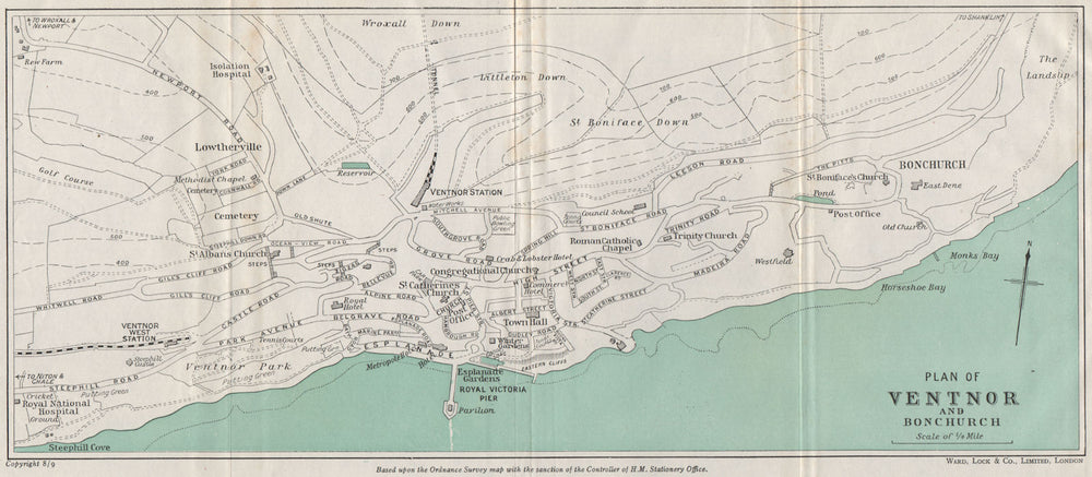 VENTNOR AND BONCHURCH vintage town/city plan. Isle of Wight. WARD LOCK 1948 map