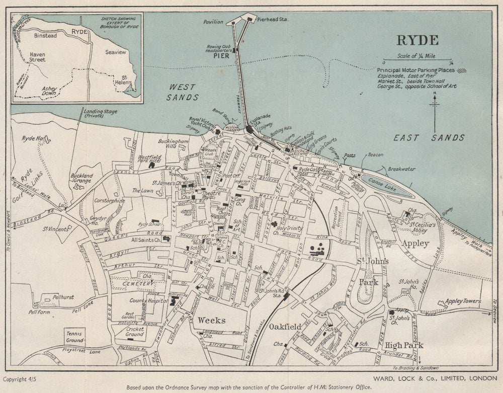 RYDE vintage town/city plan. Isle of Wight. WARD LOCK 1950 old vintage map