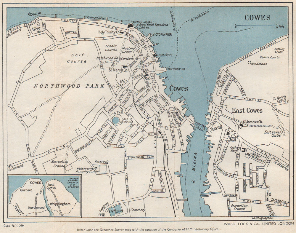 COWES vintage town/city plan. Isle of Wight. WARD LOCK 1950 old vintage map