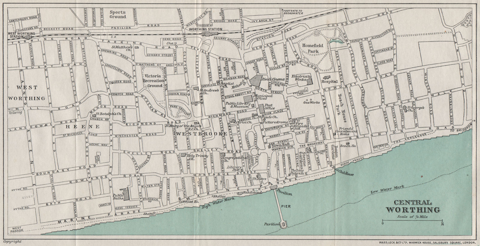 CENTRAL WORTHING vintage town/city plan. Sussex. WARD LOCK 1933 old map ...