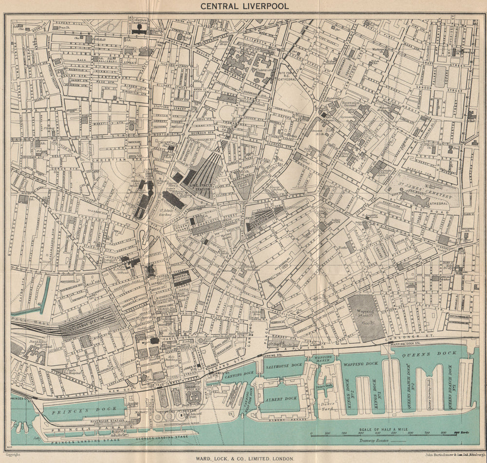 CENTRAL LIVERPOOL vintage town/city plan. Liverpool. WARD LOCK 1949 old map