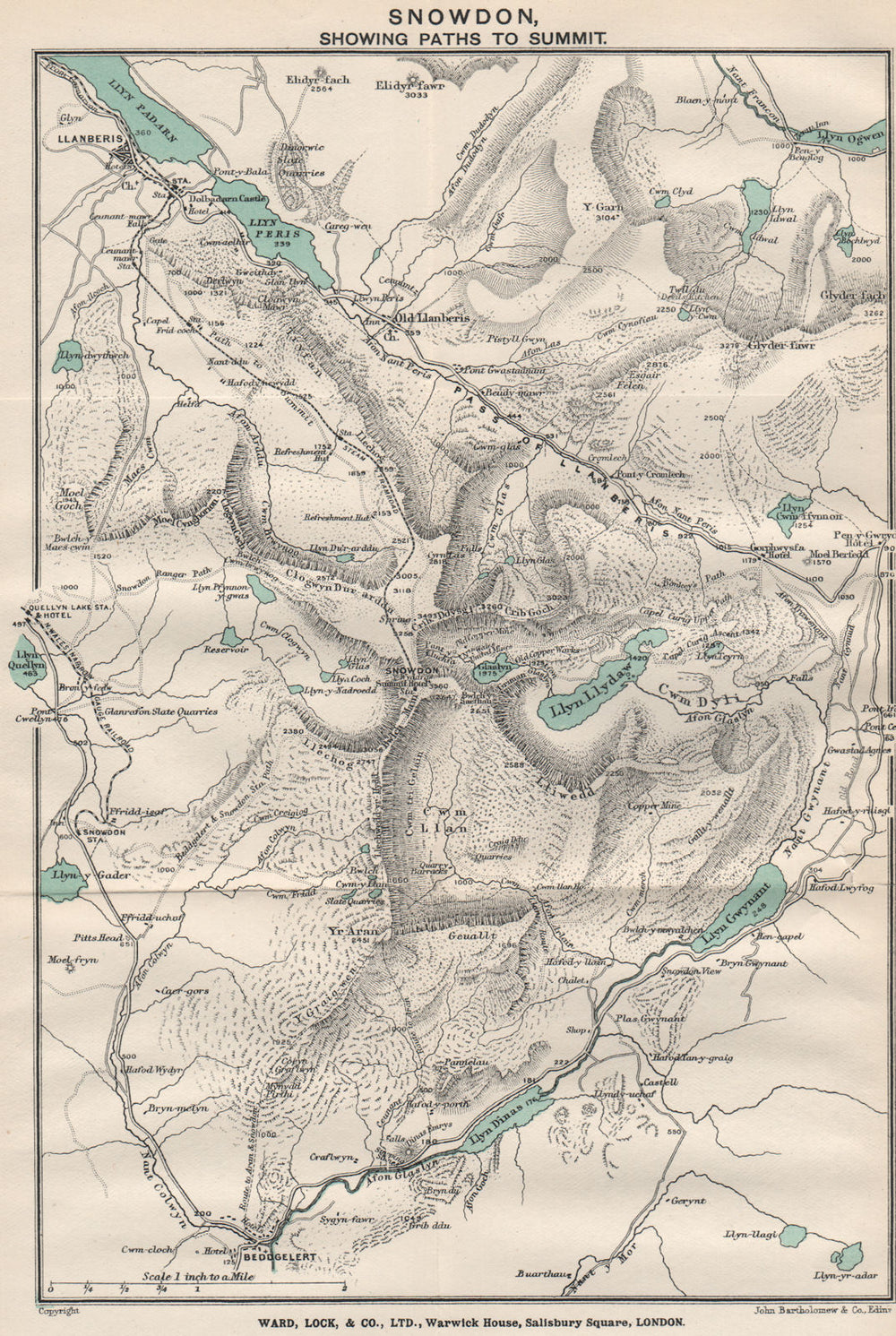 SNOWDON SHOWING PATHS TO SUMMIT. Llanberis. WARD LOCK 1906 old antique map