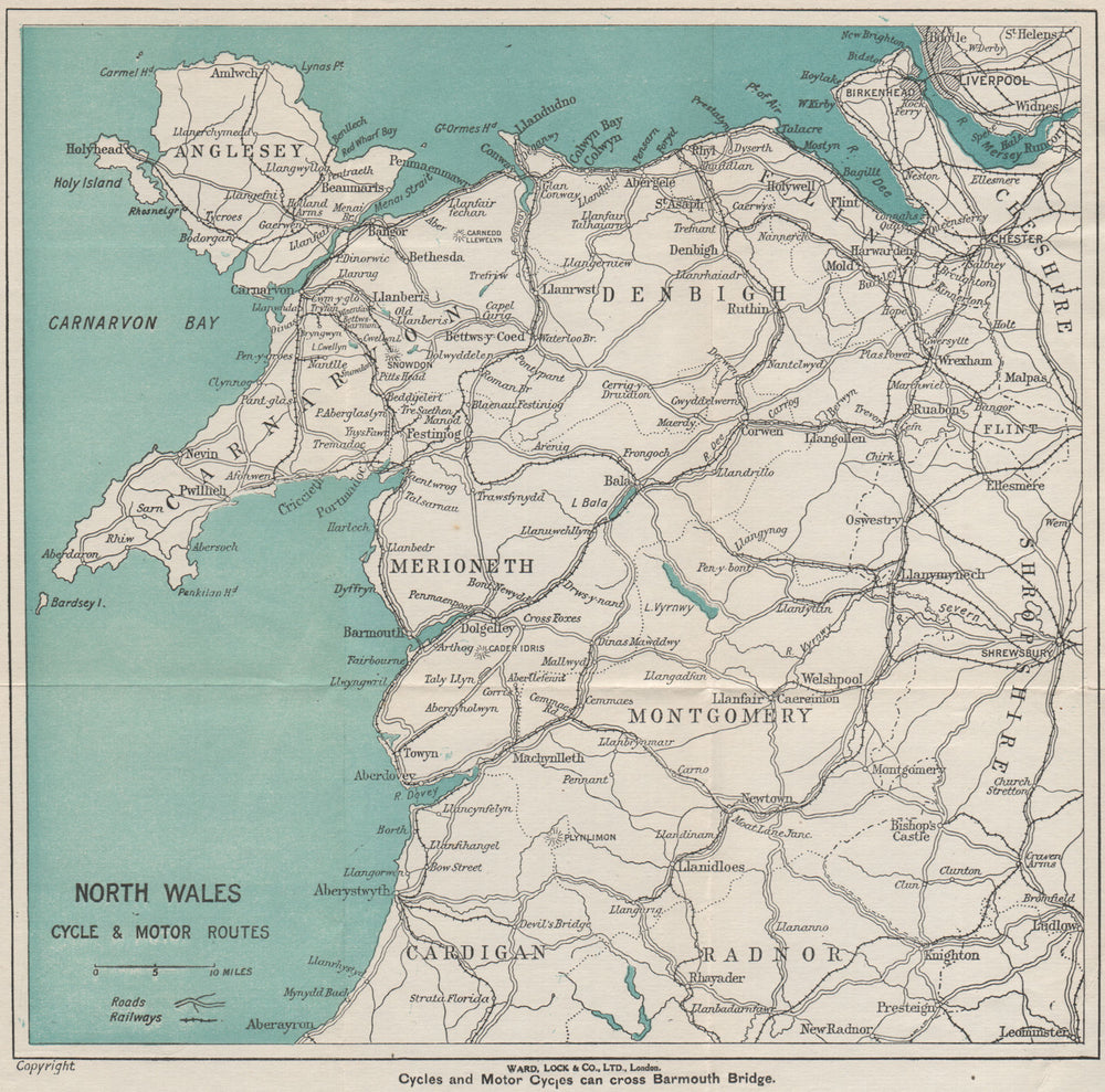 NORTH WALES CYCLE & MOTOR ROUTES. Railways. WARD LOCK 1925 old vintage map