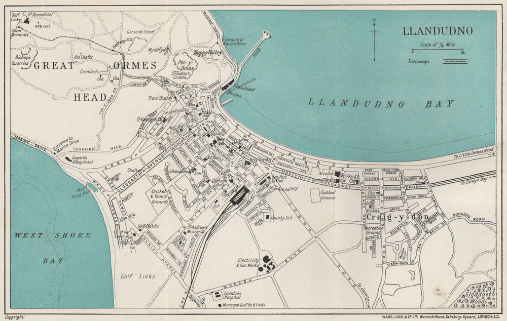 LLANDUDNO vintage town/city plan. Wales. WARD LOCK 1925 old vintage map chart