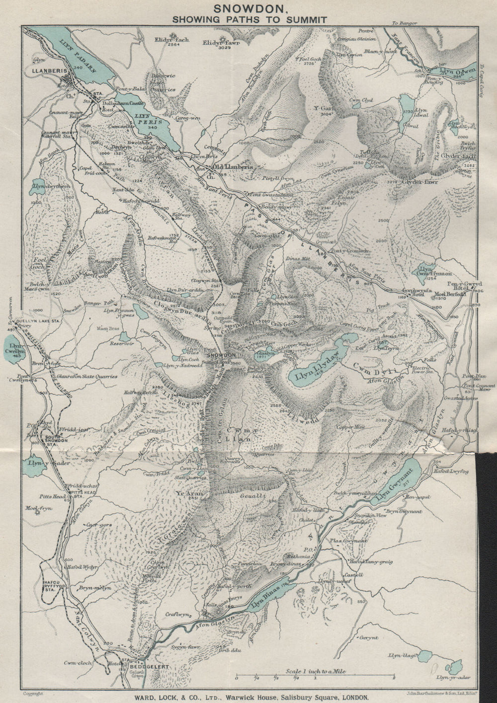 SNOWDON SHOWING PATHS TO SUMMIT. Llanberis. WARD LOCK 1925 old vintage map