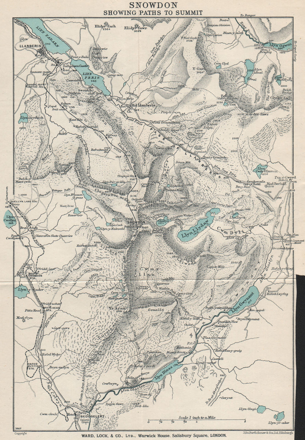 SNOWDON SHOWING PATHS TO SUMMIT. Llanberis. WARD LOCK 1930 old vintage map