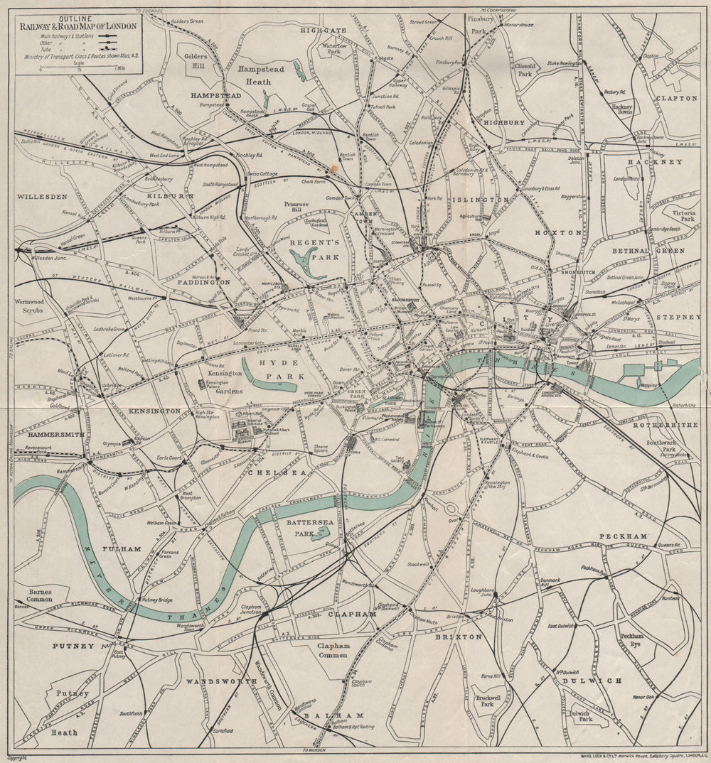 CENTRAL LONDON RAILWAY & ROAD MAP. Underground tube. WARD LOCK 1932 old