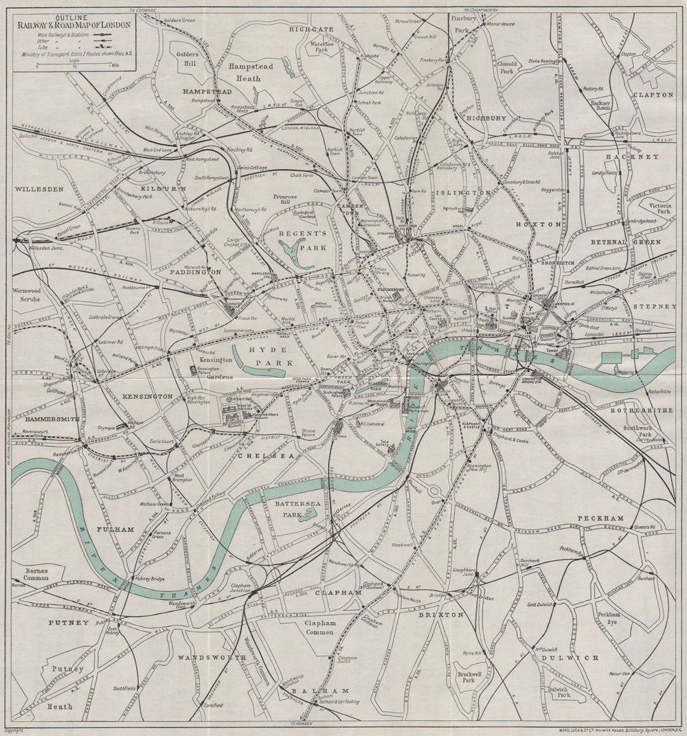 CENTRAL LONDON RAILWAY & ROAD MAP. Underground tube. WARD LOCK 1933 old