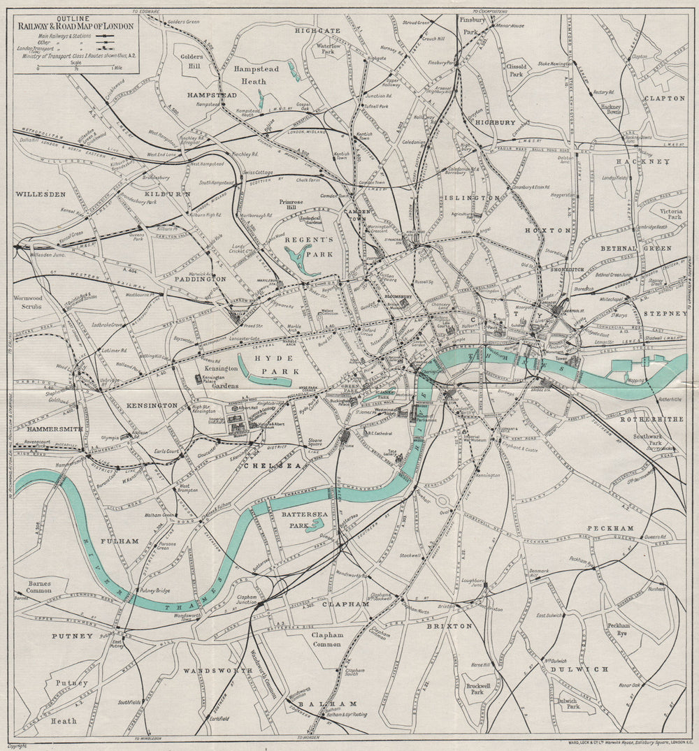 CENTRAL LONDON RAILWAY & ROAD MAP. Underground tube. WARD LOCK 1937 old