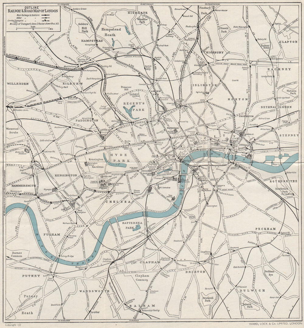 CENTRAL LONDON RAILWAY & ROAD MAP. Tube underground. WARD LOCK 1951 old