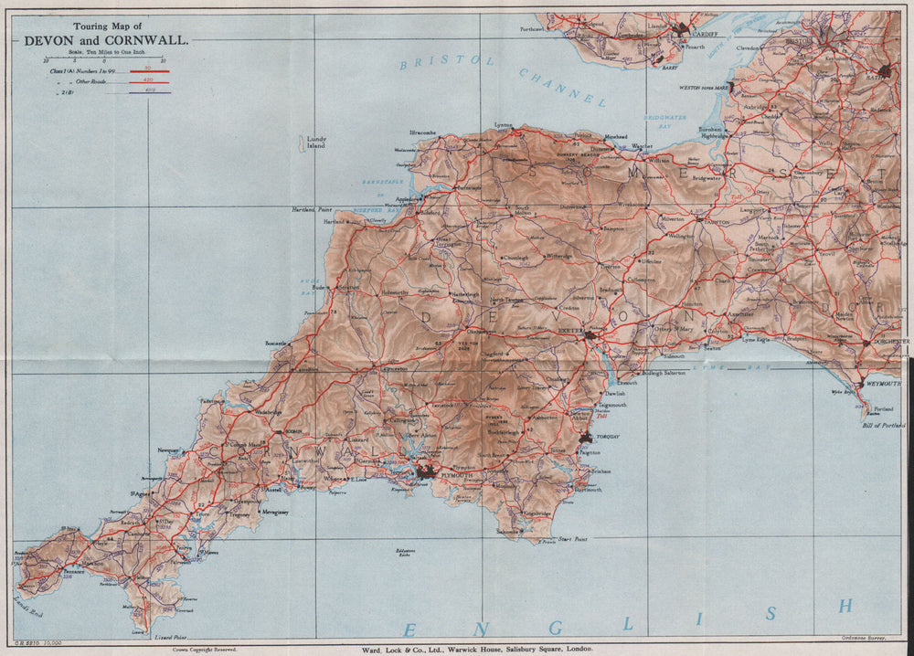 TOURING MAP OF DEVON AND CORNWALL. South West England. WARD LOCK 1935 old