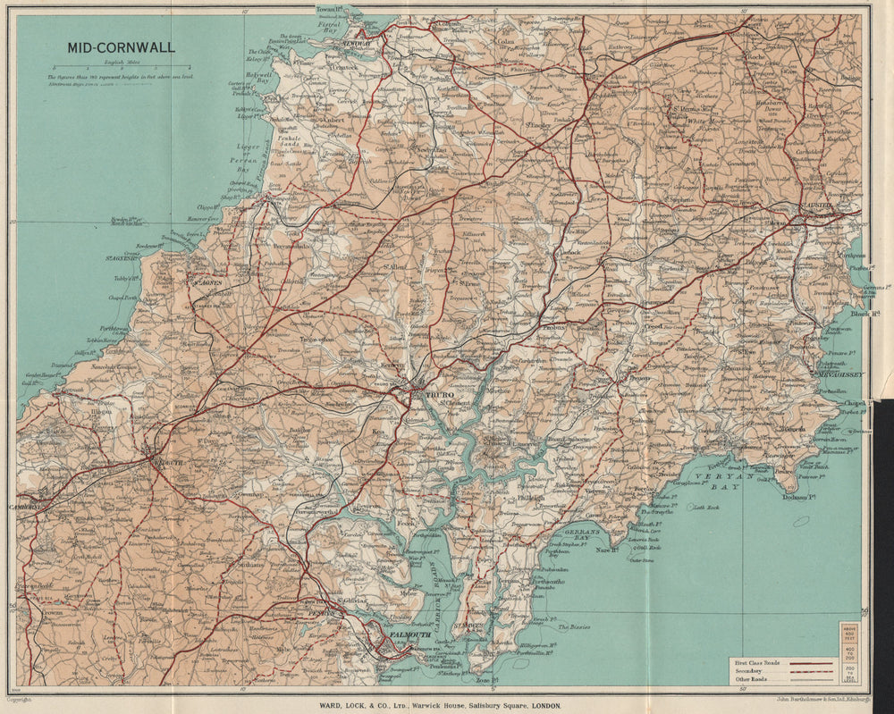 MID-CORNWALL. Carrick Roads Newquay Truro Redruth Falmouth St Austell 1935 map