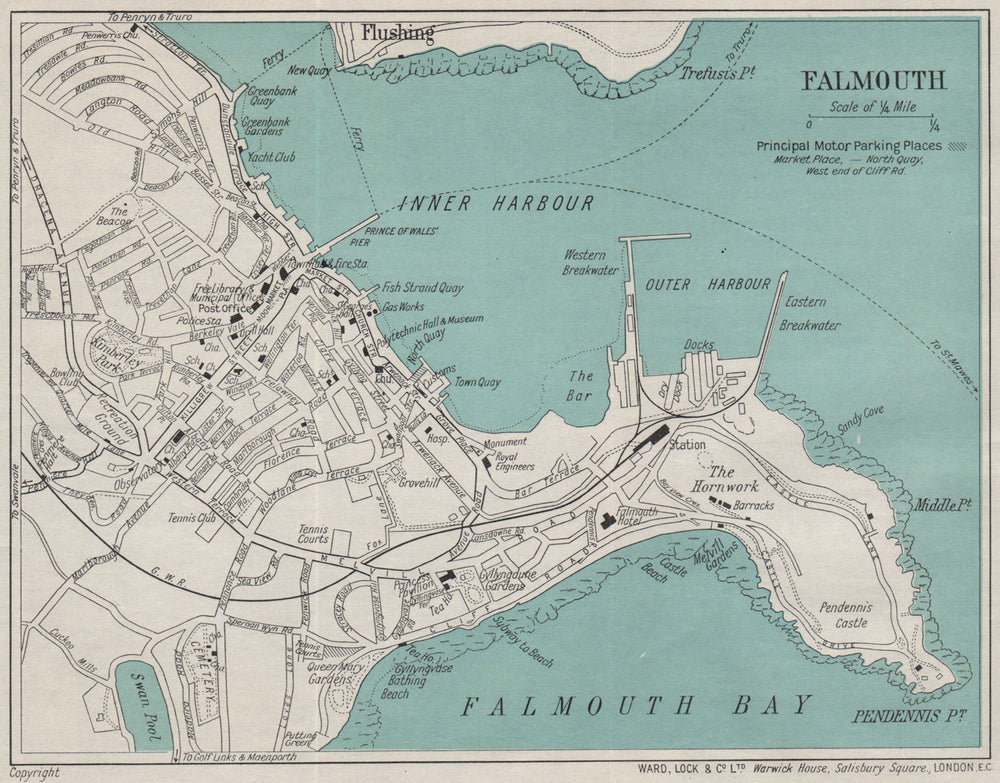 FALMOUTH vintage city/town plan. Cornwall. WARD LOCK 1935 old vintage ...