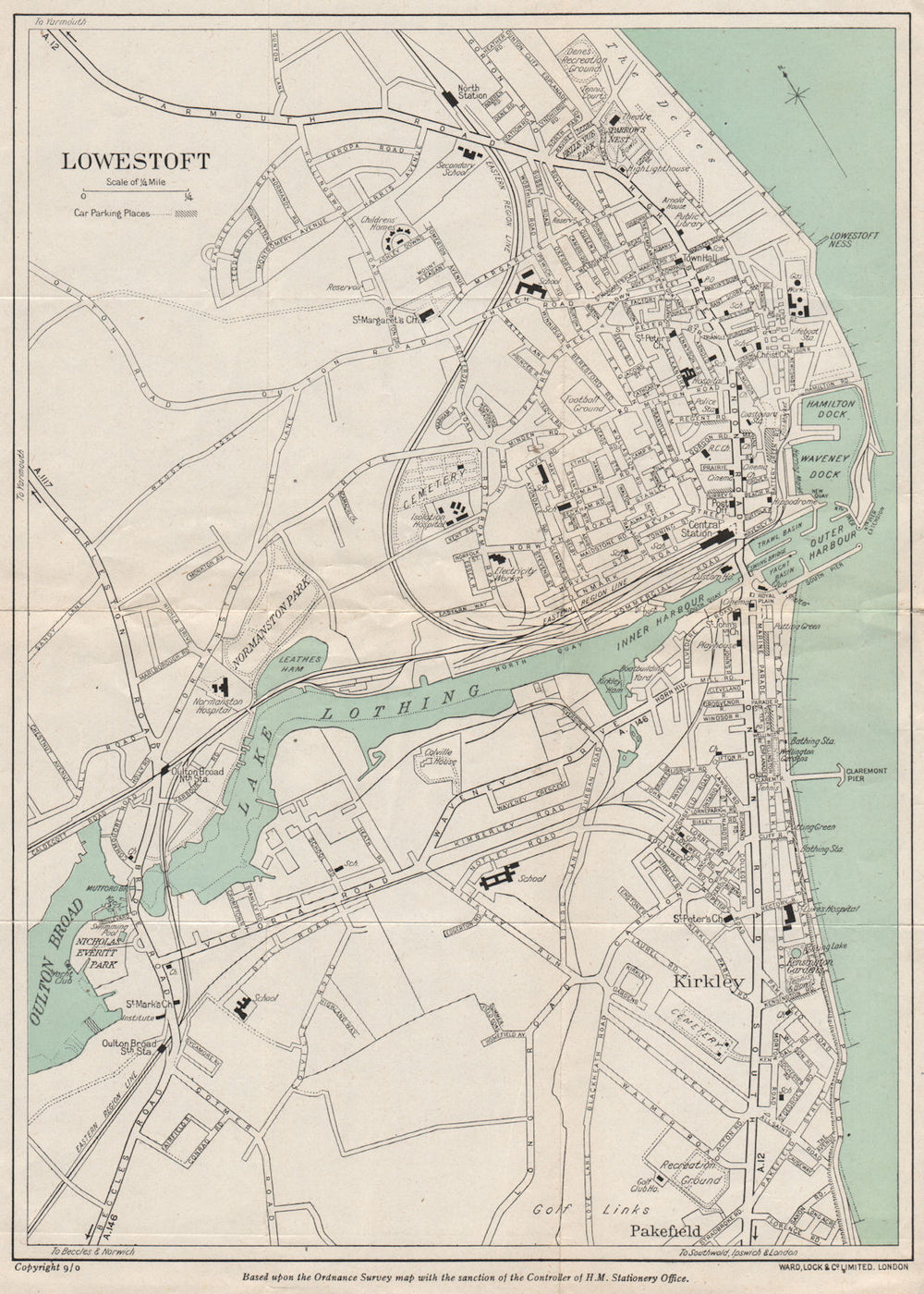 LOWESTOFT vintage town/city plan. Suffolk. WARD LOCK 1950 old vintage map