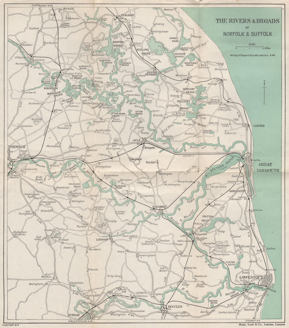 THE NORFOLK BROADS. Great Yarmouth Lowestoft Beccles Norwich. WARD LOCK 1950 map
